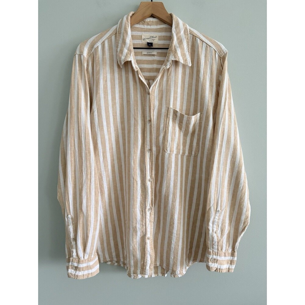 Universal Thread Tan White Striped Linen Blend Button Down Shirt XL Relaxed Fit